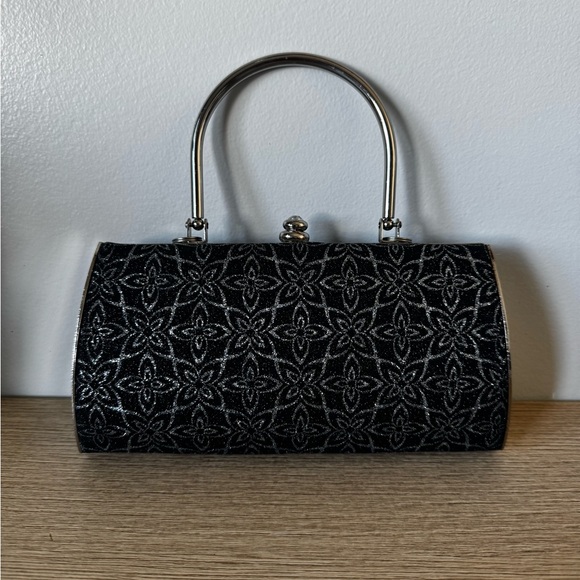 Handbags - Black Floral Glitter Evening Handbag